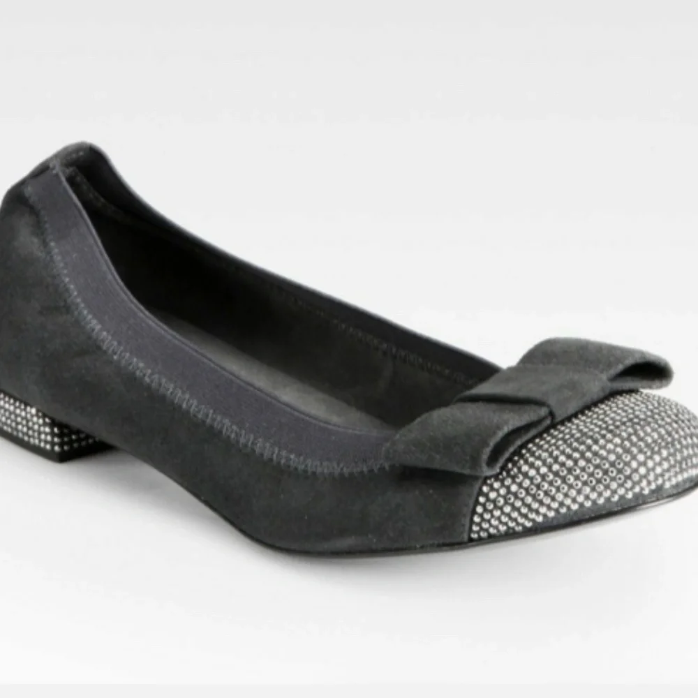 Stuart Weitzman Cabot Suede Studded Cup Bow Flats - 6-1/2 - Picture 1 of 10